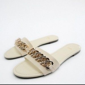 ZARA Flat Leather Slide Sandals with Gold/Silver Chain Size 40 NEW NWT